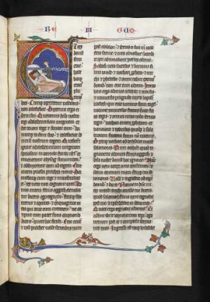 Deckfarbeninitiale E mit bewohnten Randausläufern, historisiert: König David auf dem Krankenlager mit Abisag