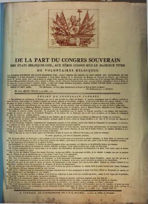 De La Part Du Congres Souverain Des État Belgiques-Unis, Aux Héros Connus Sous Le Glorieux Titre De Volontaires Belgiques