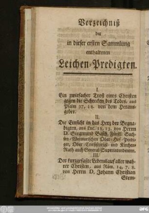 Verzeichniß der in dieser ersten Sammlung enthaltenen Leichen-Predigten.