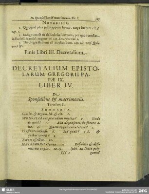 Decretalium Epistolarum Gregorii Papae IX. Liber IV. De Sponsalibus & matrimoniis