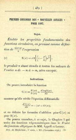 Premier concours des "Nouvelles Annales" pour 1897.