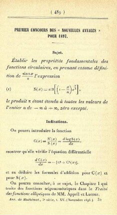 Premier concours des "Nouvelles Annales" pour 1897.