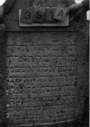Grabstein 351 (Index: 100107798) Material: Kalkstein Zustand: verwittert Maße HxBxT: 127x68x18 cm Beschreibung: Stele mit geschwungen eingezogenem Rundbogenabschluß, Schriftfeld rechteckig eingetieft Symbolik: Levitenkanne und -schale: Grabstein 351A