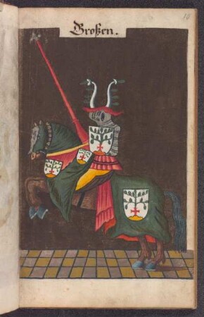 Turnierreiter vor dunklem Hintergrund mit Wappen Groß