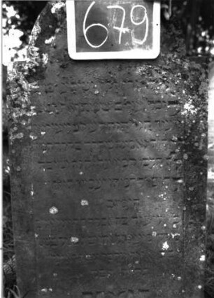 Grabstein 679 (Index: 100104889) Material: Sandstein Zustand: stark bewachsen, angewittert Maße HxBxT: 120x56x9 cm Beschreibung: Stele, eingezogener Rundbogenabschluss, Schriftfeld eingetieft mit Konvexbogenabschluss: Grabstein 679 (Detailaufnahme)