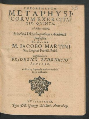 5: Theorematum Metaphysicorum Exercitationes Quatuordecim : ad diem 24 Septemb. ...