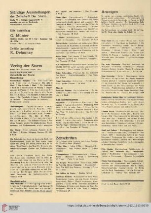 Ständige Ausstellungen / Elfte Ausstellung G. Münter / Zwölfte Ausstellung R. Delaunay / Verlag der Sturm / Zeitschriften / Anzeigen
