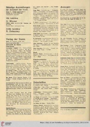 Ständige Ausstellungen / Elfte Ausstellung G. Münter / Zwölfte Ausstellung R. Delaunay / Verlag der Sturm / Zeitschriften / Anzeigen