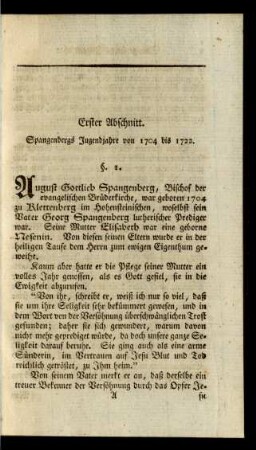 Erster Abschnitt. Spangenbergs Jugendjahre von 1704 bis 1722. §. 1. - §. 6.