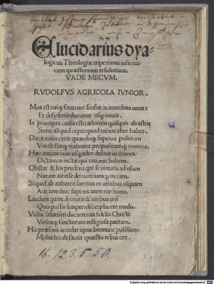 Elucidarius dyalogicus Theologiae tripertitus : infinitarum quaestionum resolutivus. Vade Mecum