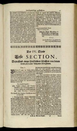 Des IV. Theils Erste Section, Begreiffend einige überbliebene schrifften von denen wichtigsten alten Religions-streitigkeiten.