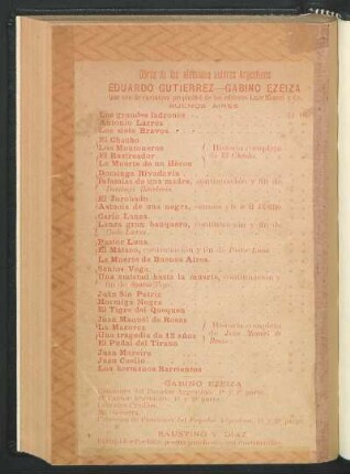 Obras de los afamados autores argentinos Eduardo Gutierrez - Gabino Ezeiza