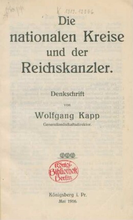 Die nationalen Kreise und der Reichskanzler : Denkschrift