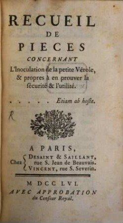 Recueil de pièces concernant l'Inoculation de la petite verole