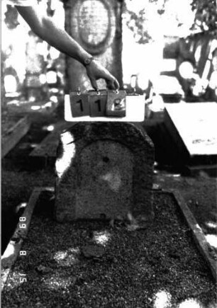 Grabstein 118 (Index: 100105357) Material: Granit Zustand: Platte fehlt Maße HxBxT: 48x45x22 cm Beschreibung: grob stelenhaft behauener Stein, Segmentbogenabschluß, Schriftfeld eingetieft: Grabstein 118