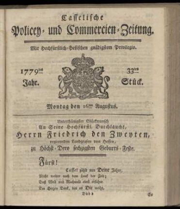33tes Stueck, Montag den 16ten Augustus. 1779