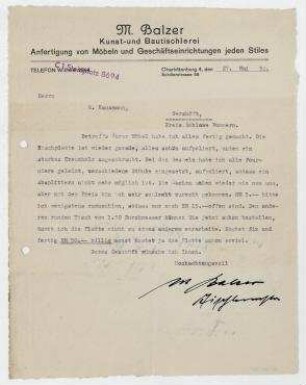 Brief von M. Balzer Kunst- und Bautischlerei an Raoul Hausmann. Berlin