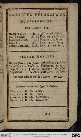 Articles principaux du Calendrier pour l'Année 1768