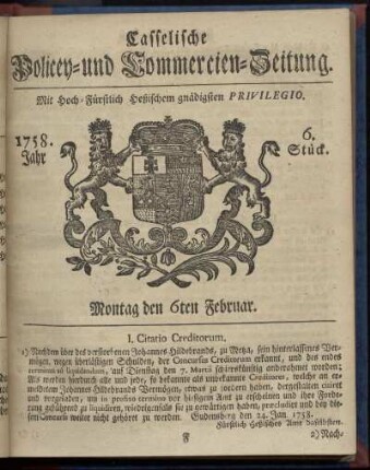 6. Stueck, Montag den 6ten Februar 1758