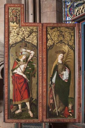 Hochaltar — Linker Flügel: Heiliger Sebastian und Heilige Katharina
