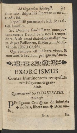 Exorcismus Contra Imminentem tempestatem fulgurum, & grandinis.