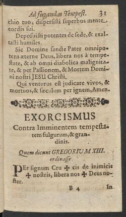 Exorcismus Contra Imminentem tempestatem fulgurum, & grandinis.