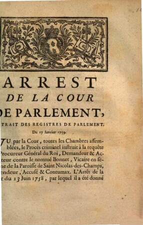 Arrest De La Cour De Parlement : Extrait Des Registres De Parlement. Du 17 Janvier 1759.