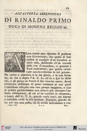 All'altezza Serenissima di Rinaldo Primo duca di Modena Reggio ec
