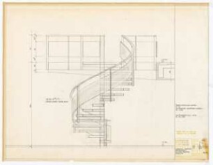 Hochschulbibliothek, Karlsruhe Neubau: Lesesaal-Empore Geländer und Wendeltreppe Ansicht, 1:10