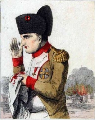 Napoleon-Karikatur: Napoleon mit Insekt auf der blutenden Nase