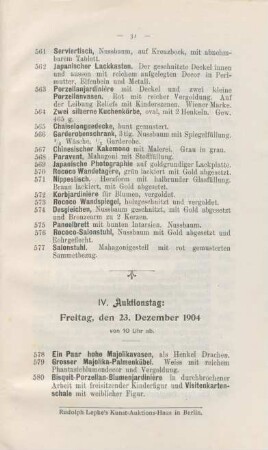 IV. Auktionstag: Freitag, den 23. Dezember 1904, von 10 Uhr ab