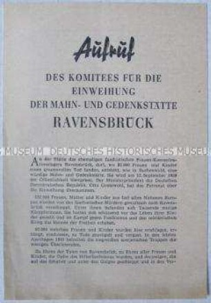 Sonderdruck mit dem Wortlaut des Aufrufs des Komitees für die Einweihung der Mahn- und Gedenkstätte Ravensbrück und einer Liste der Komitee-Mitglieder