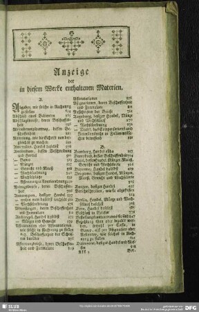Anzeige der in diesem Werke enthaltenen Materien