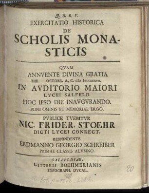 Exercitatio Historica De Scholis Monasticis