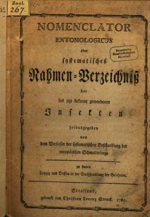 Nomenclator Entomologicus oder systematisches Nahmen-Verzeichniß der bis jezt bekannt gewordenen Insekten