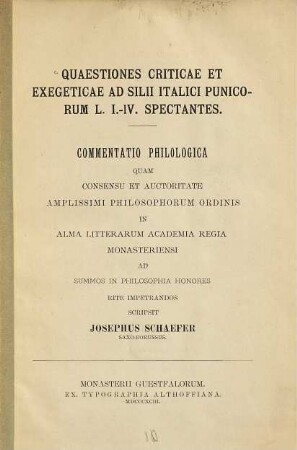 Quaestiones criticae et exegeticae ad Silii Italici Punicorum l. I.-IV. spectantes ...