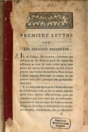 Premiere lettre sur les affaires présentes