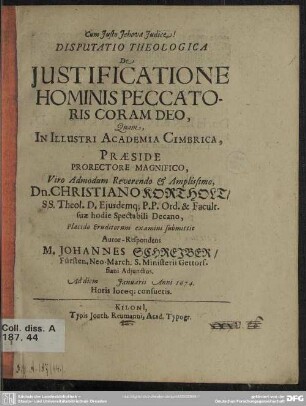Disputatio theologica de justificatione hominis peccatoris coram deo