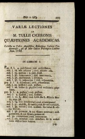 Variae Lectiones in M. Tullii Ciceronis Quaestiones Academicas.