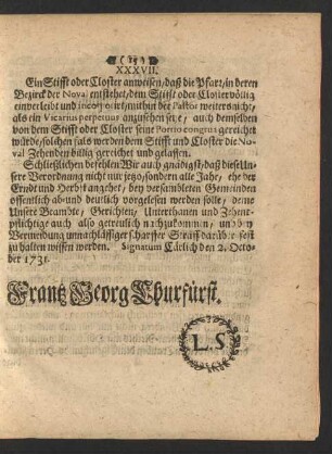 Signatum Cärlich den 2. October 1731. Frantz Georg Churfürst