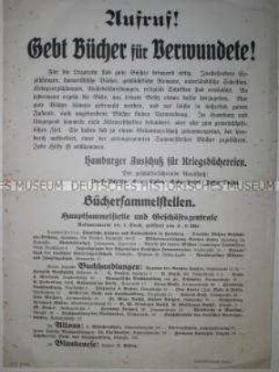 Maueranschlag mit Aufruf zu Bücherspenden für Verwundete