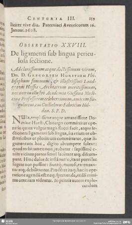Observatio XXVIII. De ligamenti sub lingua periculosa sectione