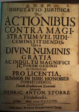 Disputatio Juridica De Actionibus Contra Magistratum Vel Judicem Instituendis
