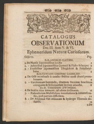 Catalogus Observationum Dec. III. Ann. V. & VI. Ephemeridum Naturae Curiosorum.