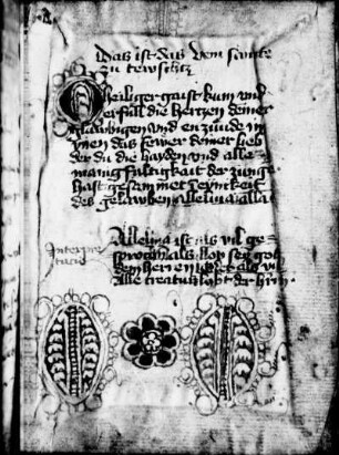 Handschriftenmakulatur (Papier, Veni sancte spiritus, dt., Fleuronnéinitiale und -stücke)