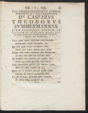 Vir Excellentissmus Consultissimus Et Celeberrimus Dn. Casparus Summermannus, ...