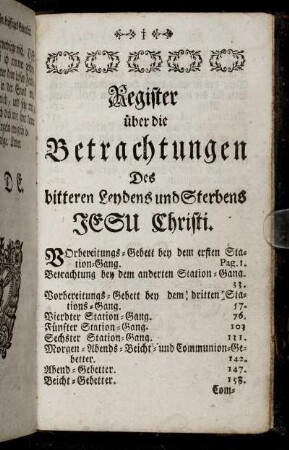 Register über die Betrachtungen Des bitteren Leydens und Sterbens Jesu Christi.