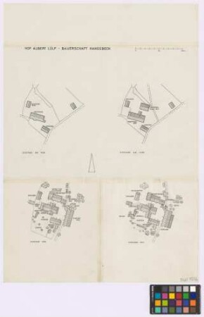 Bauerschaft Hangsbeck: Hof Albert Lülf. - Lageplan Zustand um 1826 mit Speicher von 1800, Haupthaus, Scheune, Nebengebäude. - Lageplan Zustand um 1909 mit Speicher, Schweinehaus von 1877, Haupthaus von 1837, Scheune, Nebengebäude. - Lageplan Zustand 1955 mit Speicher, Haupthaus Umbau 1888, Haupthaus-Anbau , Scheune, Hühnerstall von 1930, Scheune von 1933, Schuppen von 1931, Silo, Schweinehaus, Gattersägen-Anbau von 1908, Entenstall. - Lageplan Zustand 1971 mit Holzschuppen, Schweinehaus, Silo, Schuppen, Scheune, Maschinenhaus, Kuhstall, Haupthaus, Entenstall, Speicher