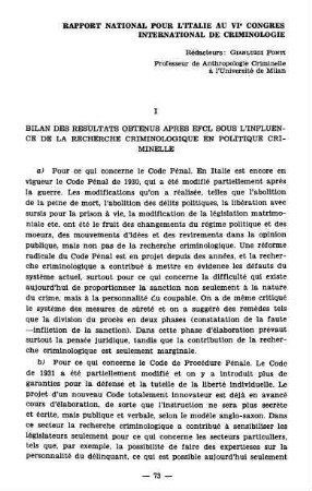 73-76, Rapport national pour l'Italie au 6. Congrès international de criminologie