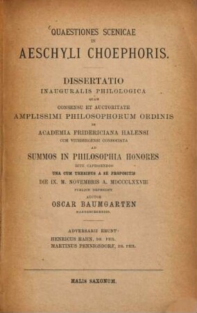 Quaestiones scenicae in Aeschyli Choephoris